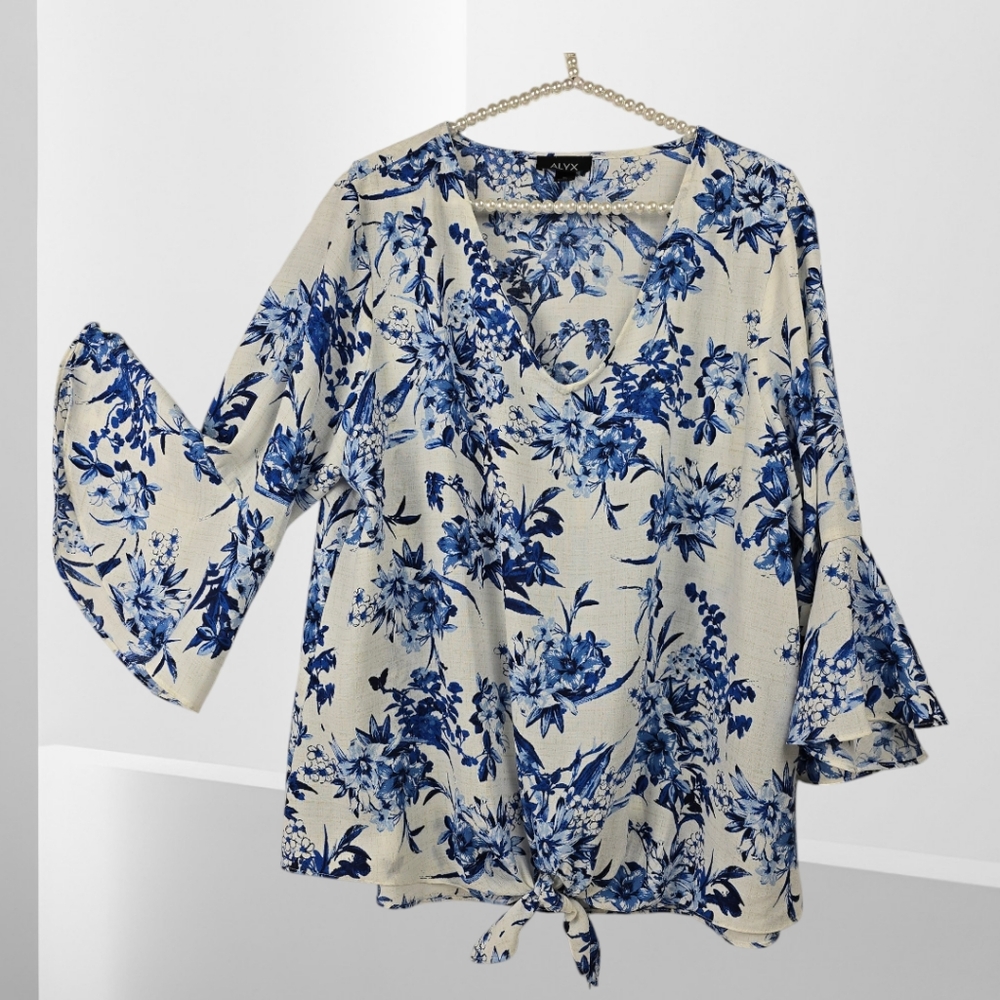 ALYX Floral Pullover Top with V Neckline and Tied Lower Front - Picture 12 of 12